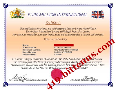 Certificate Euro Million